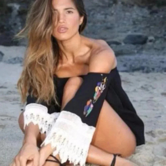 Black off Shoulder Top with Embroidery & Lace - Picture 1 of 4